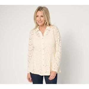 Susan Graver Women's Top Sz M Occasions Brushed Lace Button-Front White A673966